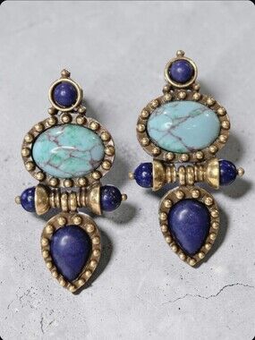 Antique Gold Plated Chunky Byzantine Revival Lapis Lazuli Turquoise Earrings